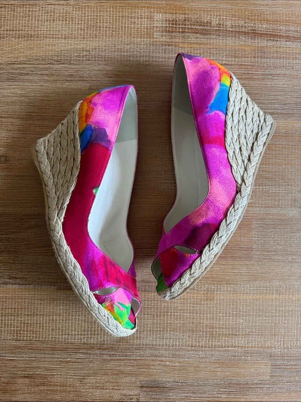 Stuart Weitzman Floral Satin Espadrille Wedge Peep Toe Pumps Shoes Women’s 8M
